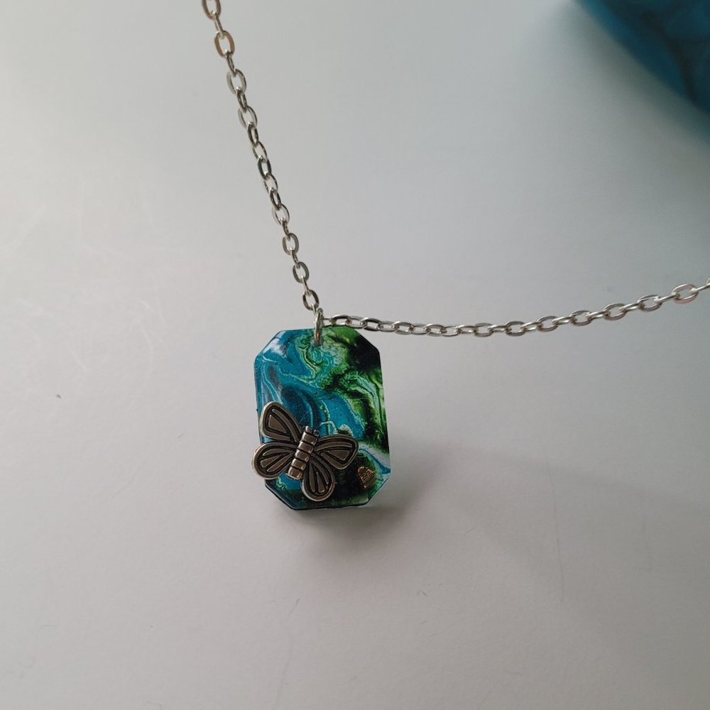 Necklace with Pendant & silver Butterfly - Resin